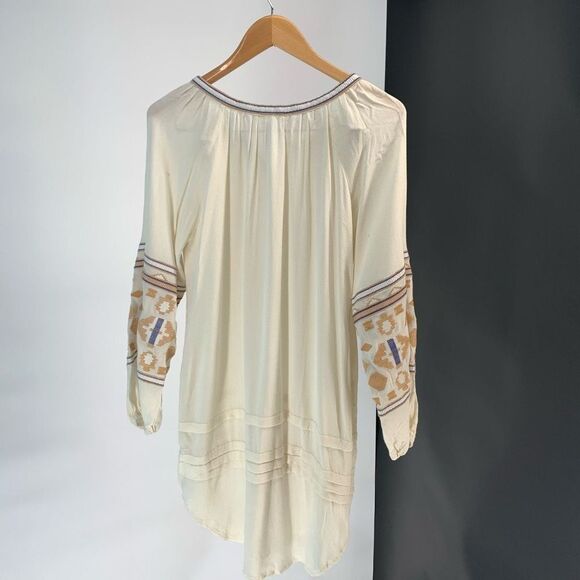 R VIVIMOS long tunic top blouse long sleeve embroidered boho beige white sz s - Picture 4 of 8